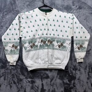 Artisans Sweatshirt Womens Small Gray Pine Tree Pinecone Button Up Cardigan USA